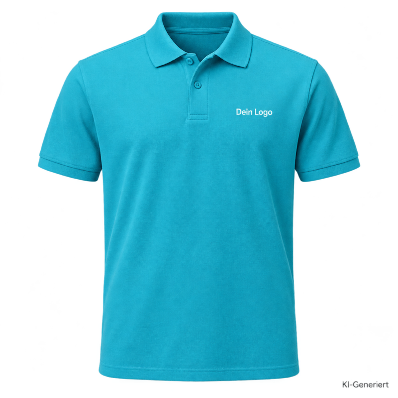 B&C My Eco Polo 65/35 – PU428 – Farbe 734 - pop turquoise – KI-generiertes Produktbild mit „Dein Logo“