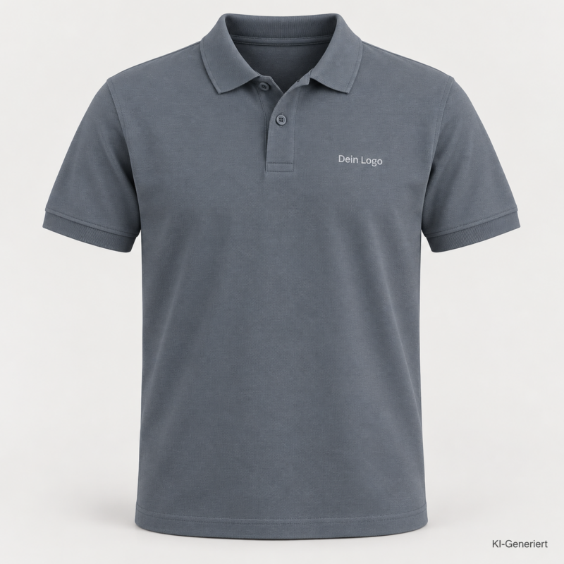 B&C My Eco Polo 65/35 – PU428 – Farbe 874 - pacific grey – KI-generiertes Produktbild mit „Dein Logo“