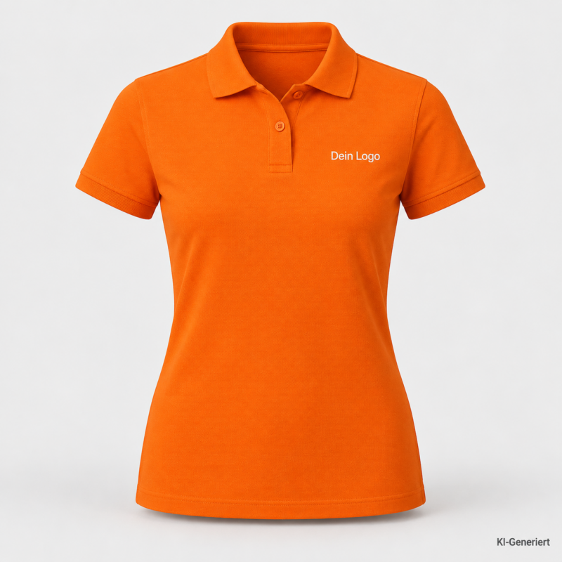 B&C My Polo 180 /women – PW461 – Farbe 233 - pure orange – KI-generiertes Produktbild mit „Dein Logo“