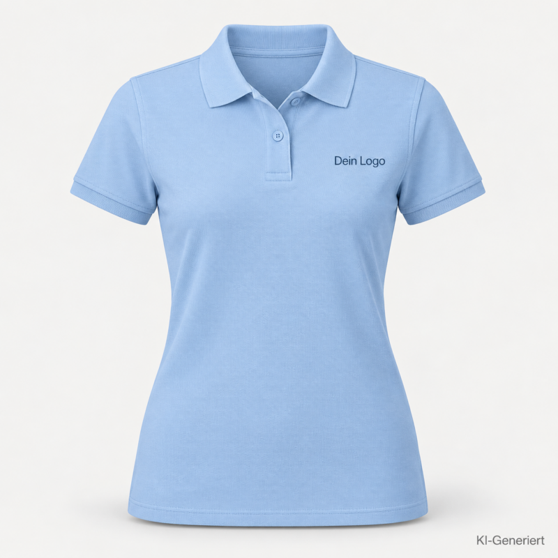 B&C My Polo 180 /women – PW461 – Farbe 406 - blush blue – KI-generiertes Produktbild mit „Dein Logo“