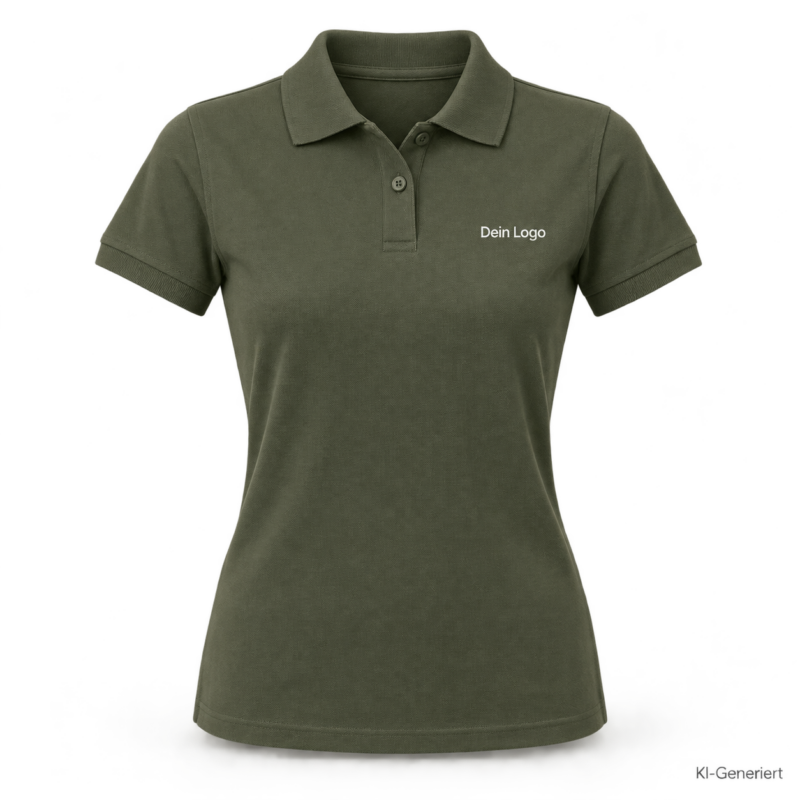 B&C My Polo 180 /women – PW461 – Farbe 554 - camo green – KI-generiertes Produktbild mit „Dein Logo“