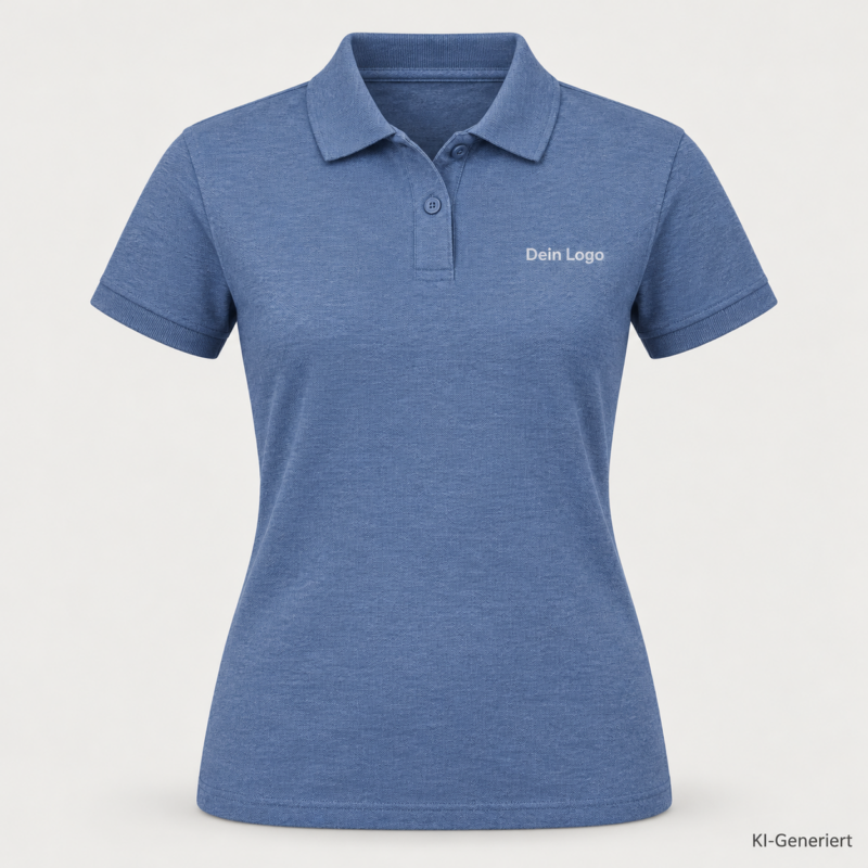 B&C My Polo 210 /women – PW463 – Farbe 609 - heather blue – KI-generiertes Produktbild mit „Dein Logo“