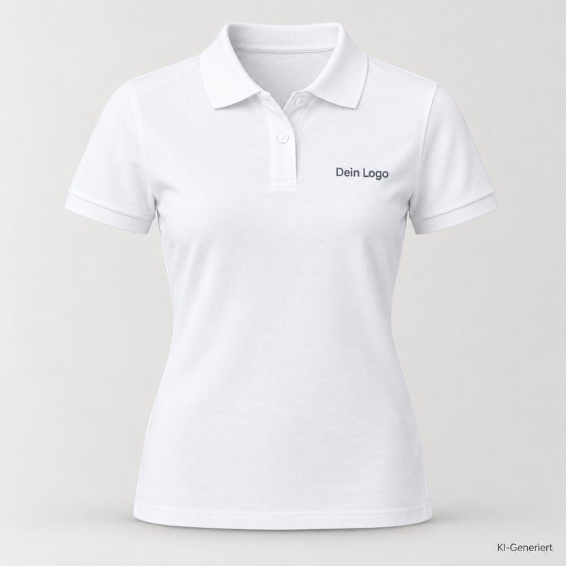 B&C My Eco Polo 65/35 /women – PW465 – Farbe 001 - white – KI-generiertes Produktbild mit „Dein Logo“