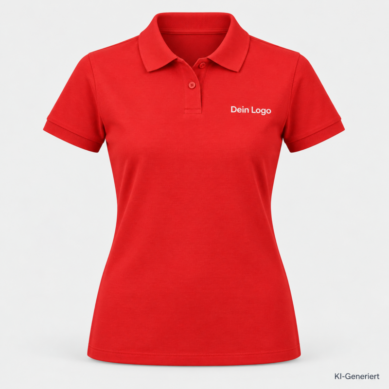 B&C My Eco Polo 65/35 /women – PW465 – Farbe 240 - pop tomato – KI-generiertes Produktbild mit „Dein Logo“