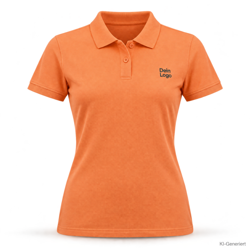 B&C My Eco Polo 65/35 /women – PW465 – Farbe 255 - melon orange – KI-generiertes Produktbild mit „Dein Logo“