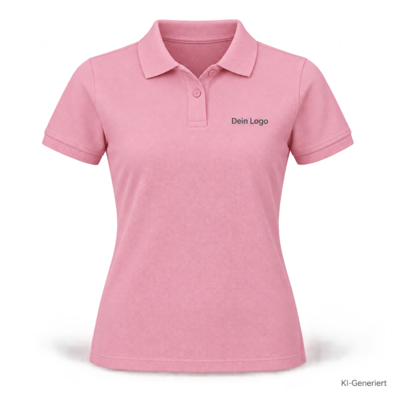B&C My Eco Polo 65/35 /women – PW465 – Farbe 313 - lotus pink – KI-generiertes Produktbild mit „Dein Logo“