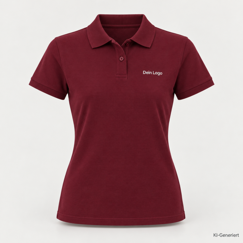 B&C My Eco Polo 65/35 /women – PW465 – Farbe 370 - burgundy – KI-generiertes Produktbild mit „Dein Logo“