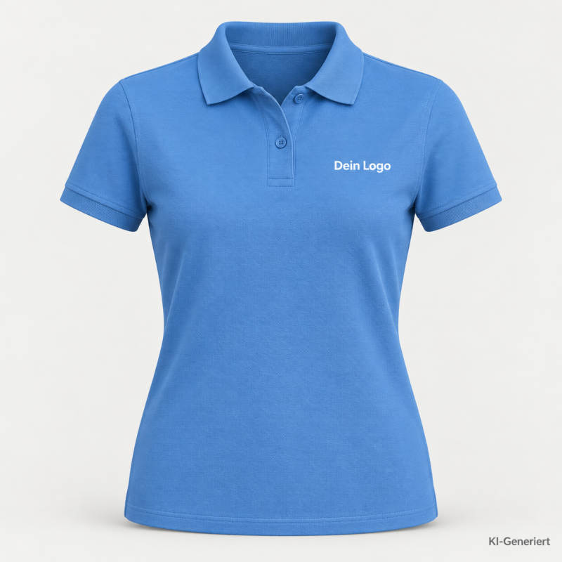 B&C My Eco Polo 65/35 /women – PW465 – Farbe 408 - lotus blue – KI-generiertes Produktbild mit „Dein Logo“