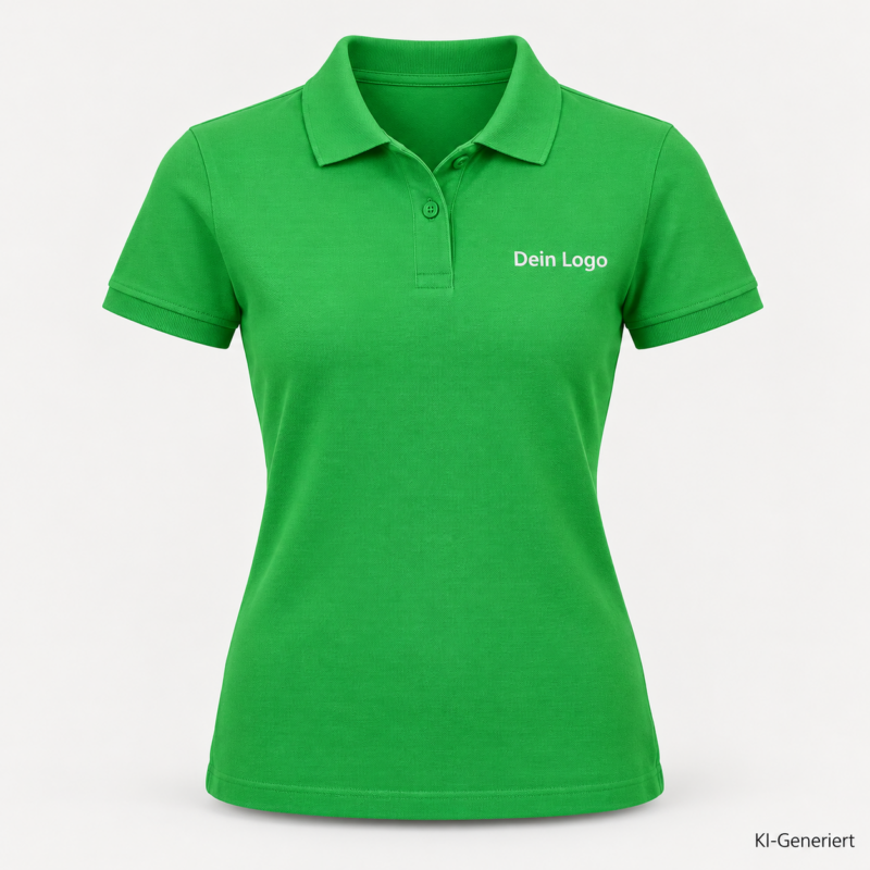 B&C My Eco Polo 65/35 /women – PW465 – Farbe 518 - pop green – KI-generiertes Produktbild mit „Dein Logo“