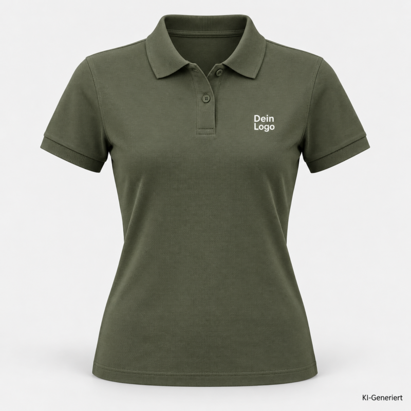 B&C My Eco Polo 65/35 /women – PW465 – Farbe 554 - camo green – KI-generiertes Produktbild mit „Dein Logo“