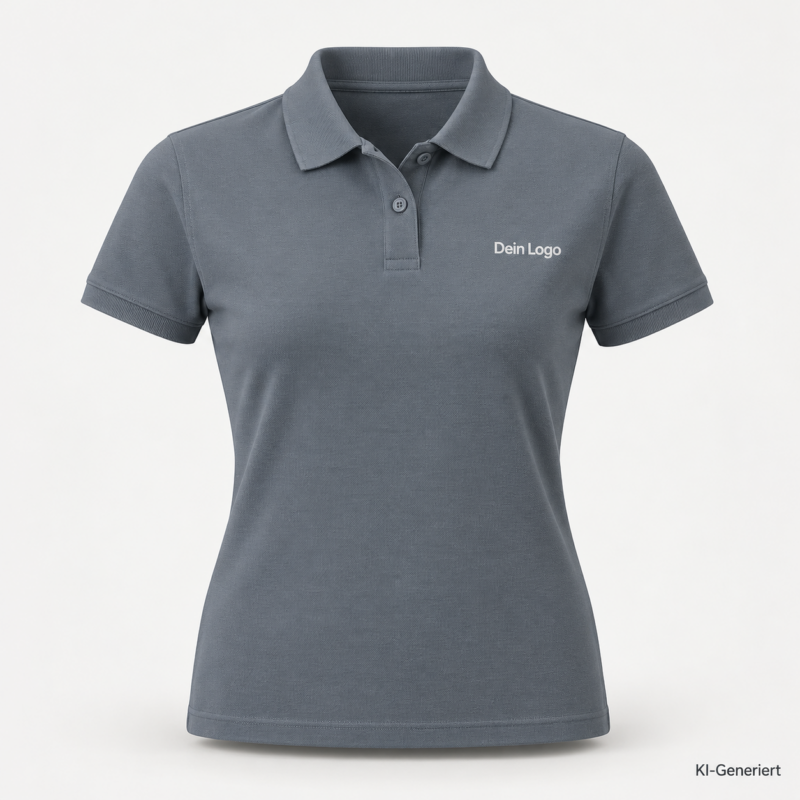 B&C My Eco Polo 65/35 /women – PW465 – Farbe 874 - pacific grey – KI-generiertes Produktbild mit „Dein Logo“