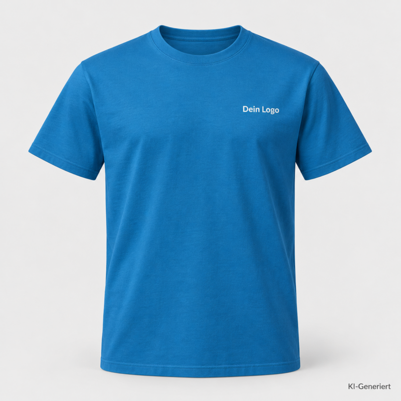B&C #E220 – TG002 – Farbe 431 - lake blue – KI-generiertes Produktbild mit „Dein Logo“