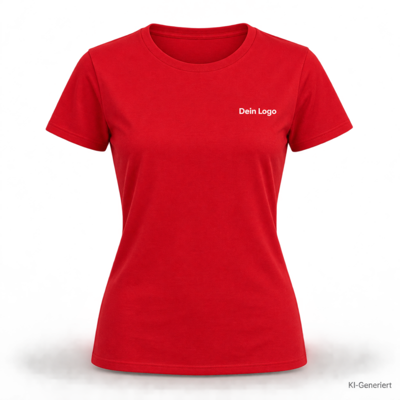 B&C #E190 /women – TW04T – Farbe 004 - red – KI-generiertes Produktbild mit „Dein Logo“