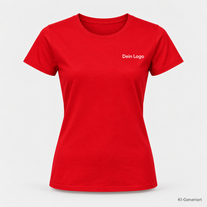 B&C #E190 /women – TW04T – Farbe 007 - fire red – KI-generiertes Produktbild mit „Dein Logo“