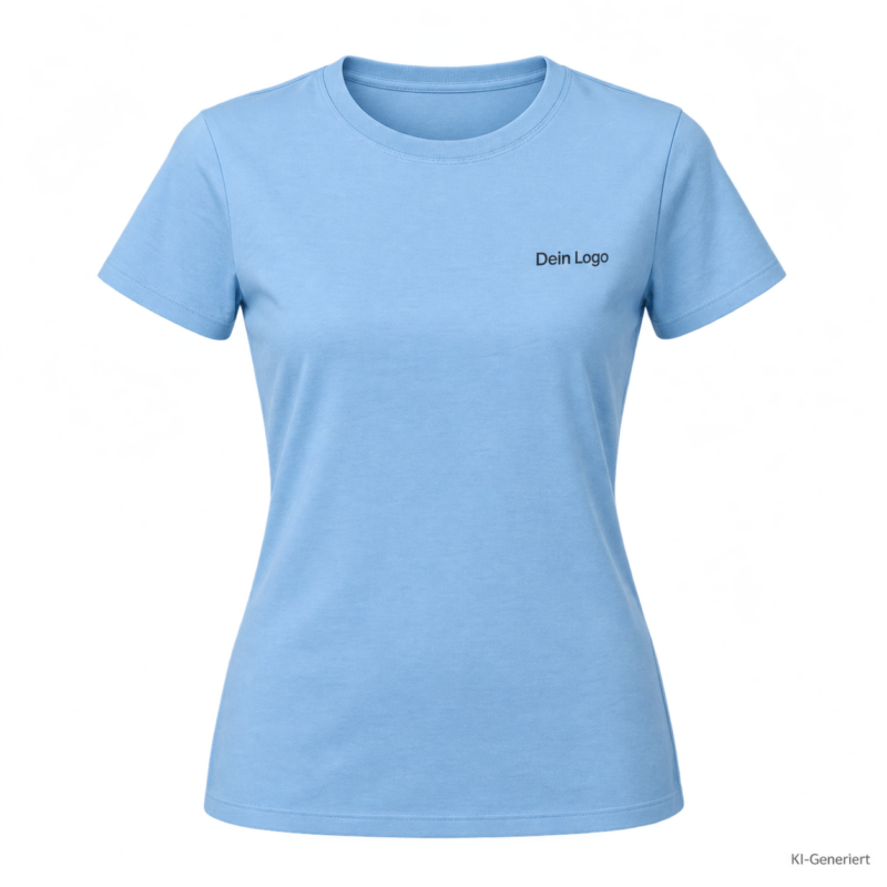 B&C #E190 /women – TW04T – Farbe 410 - sky blue – KI-generiertes Produktbild mit „Dein Logo“
