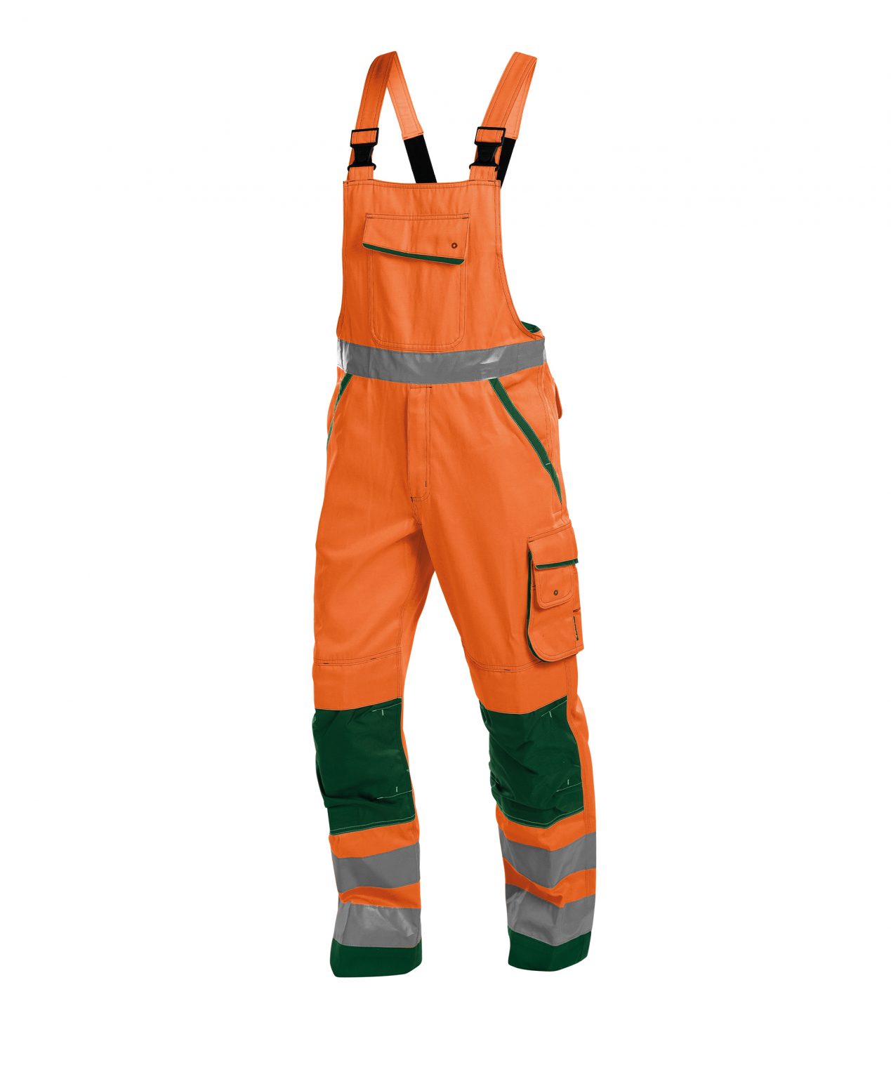 malmedy high visibility brace overall with knee pockets fluo orange bottle green front