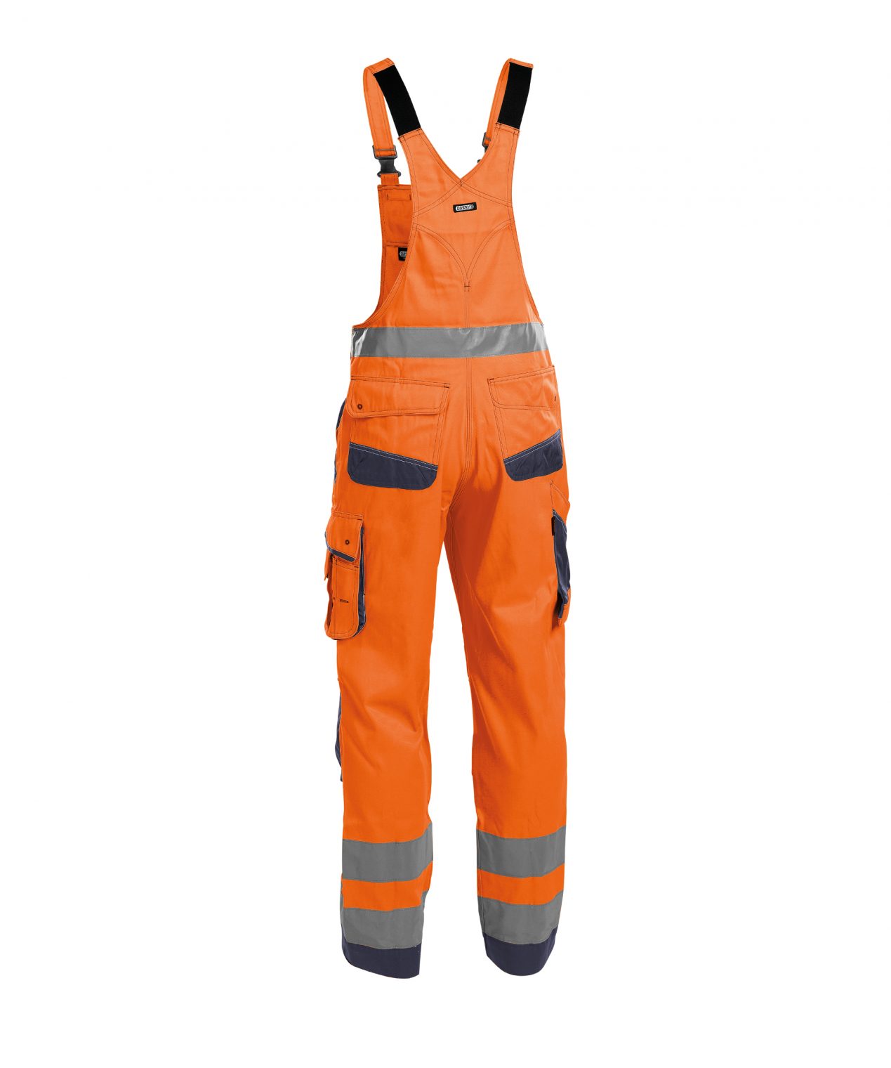 malmedy high visibility brace overall with knee pockets fluo orange navy back