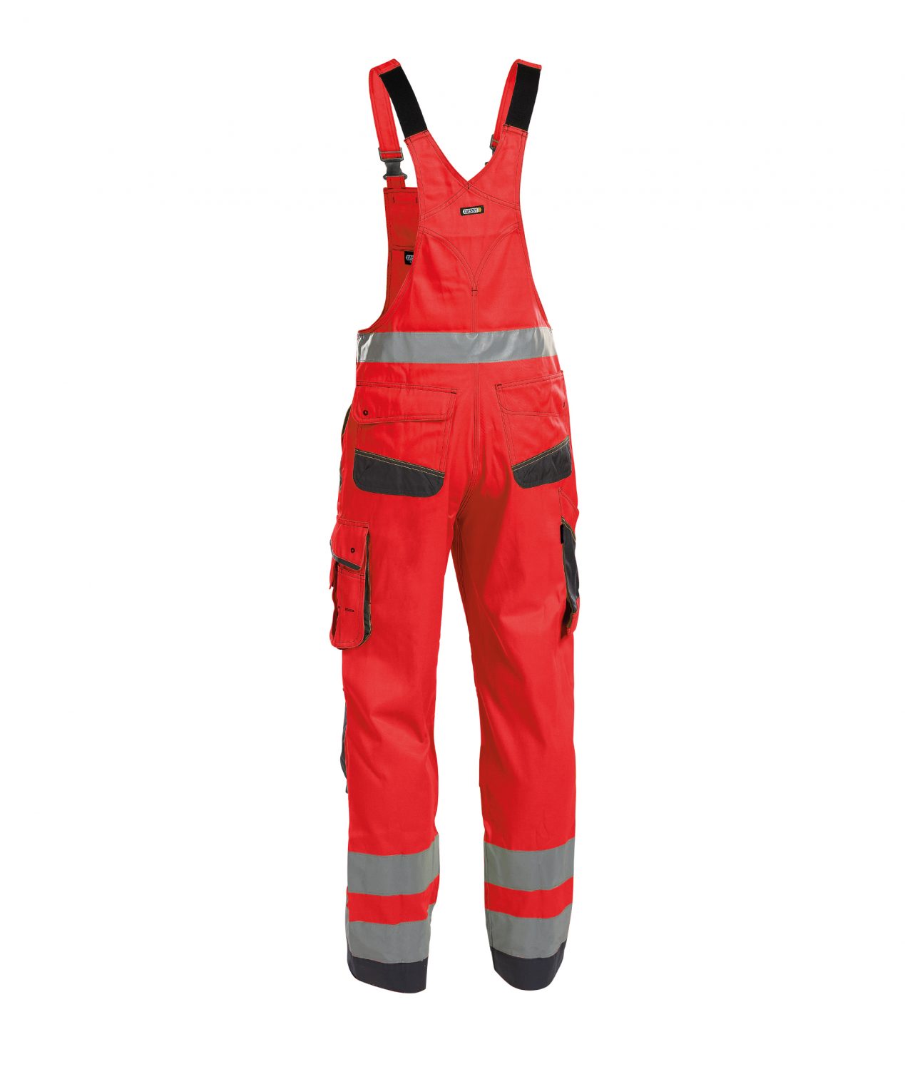 malmedy high visibility brace overall with knee pockets fluo red cement grey back