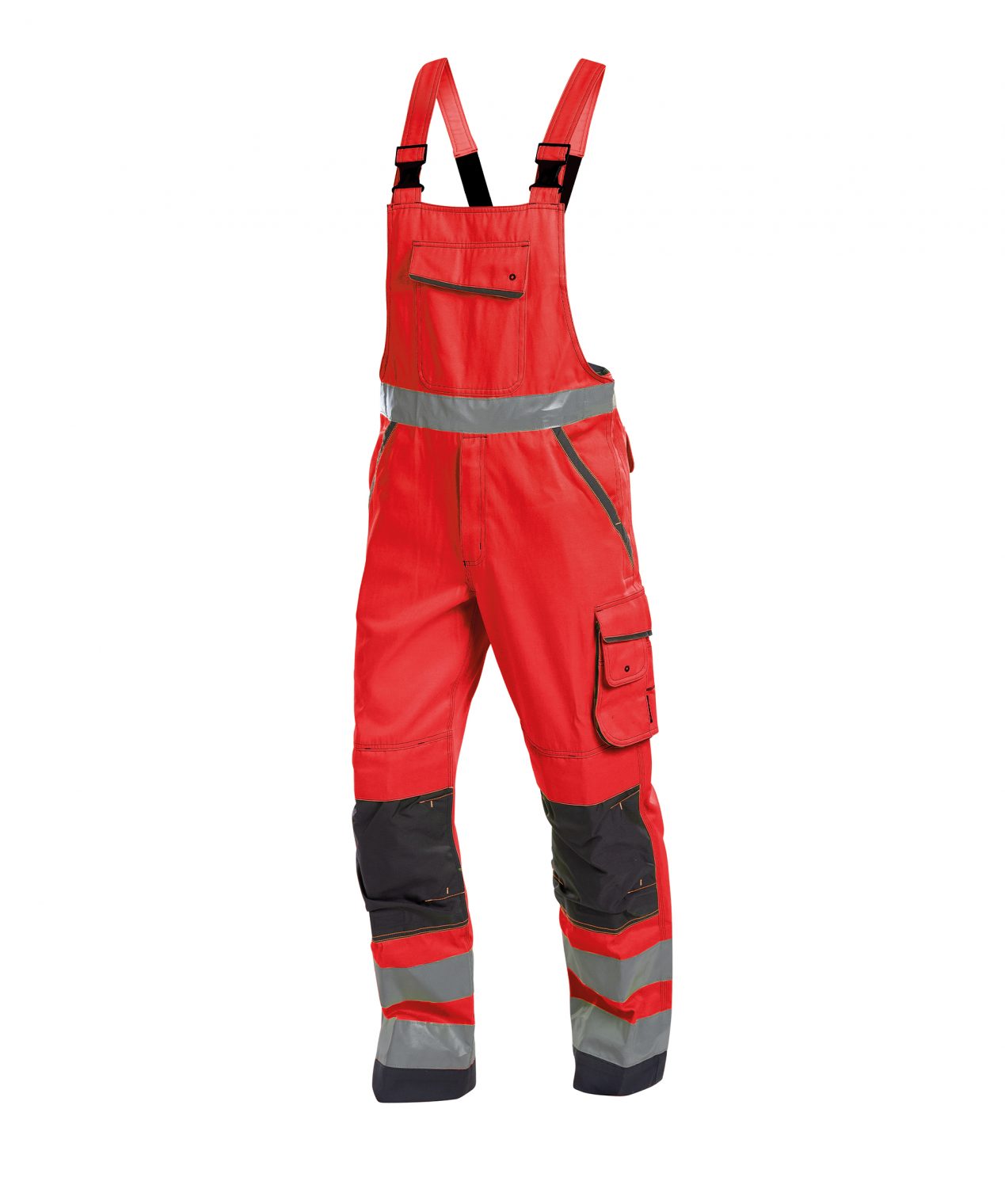malmedy high visibility brace overall with knee pockets fluo red cement grey front