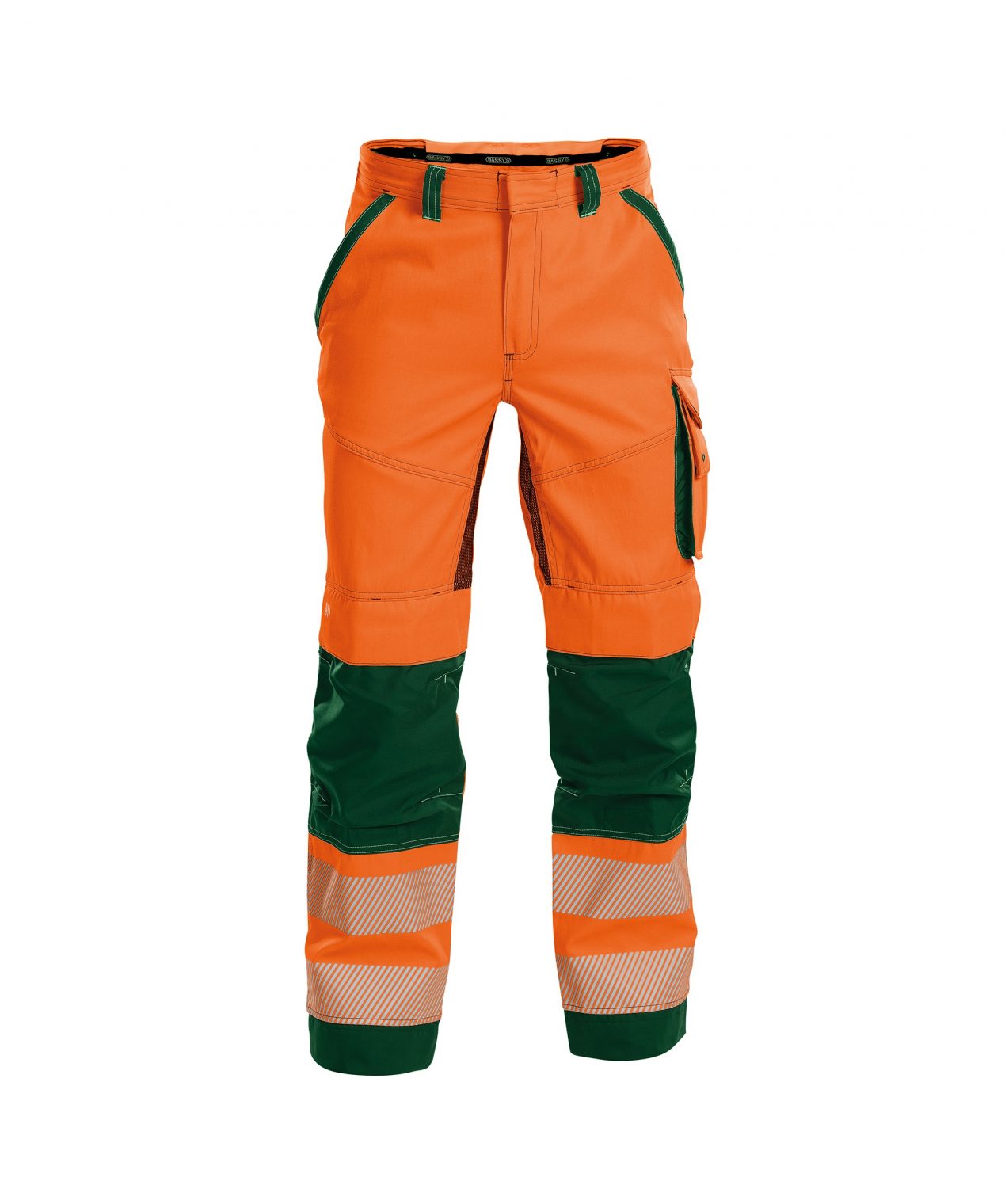 odessa summer high visibility trousers with knee pockets fluo orange bottle green front
