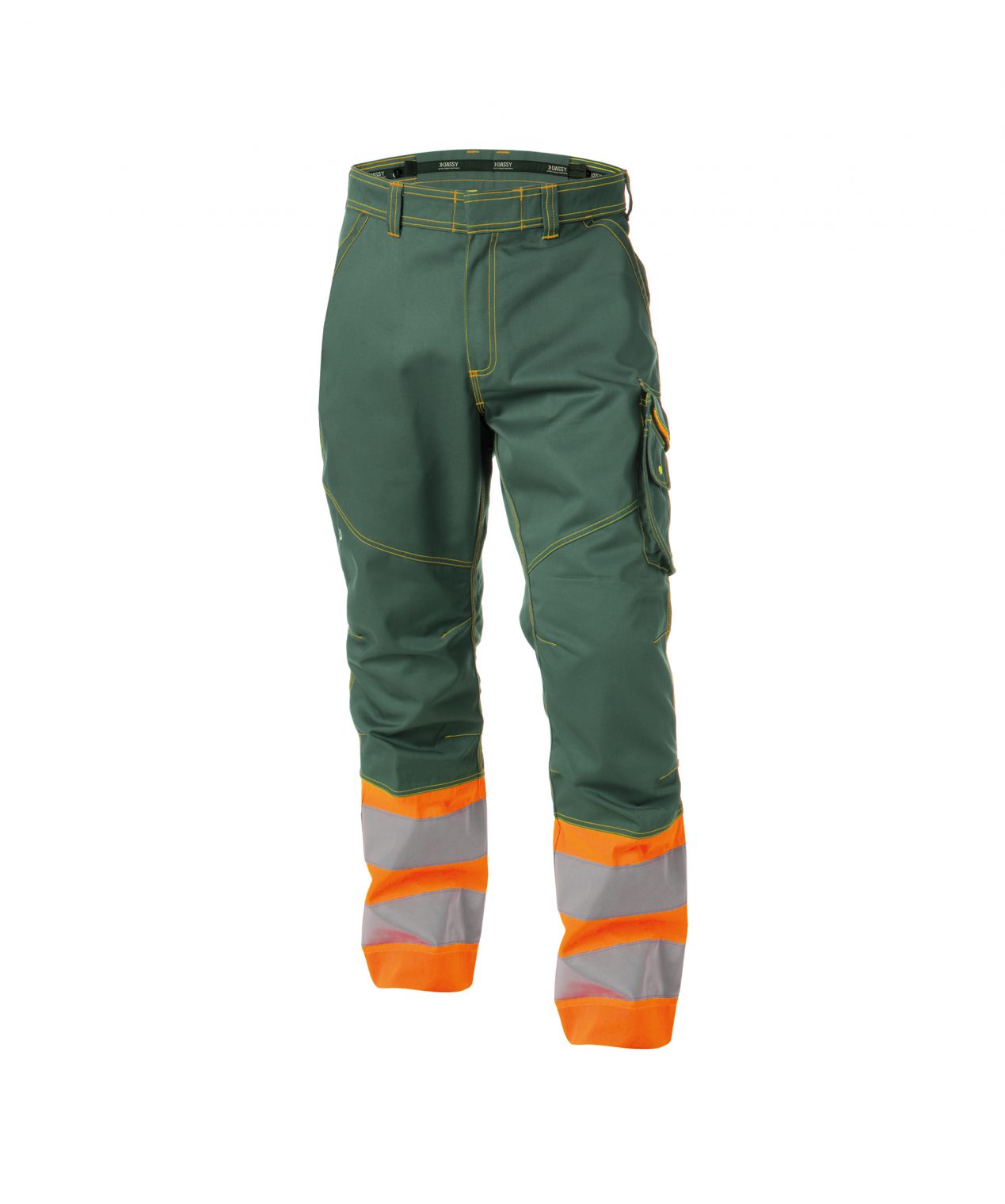 phoenix high visibility work trousers bottle green fluo orange front