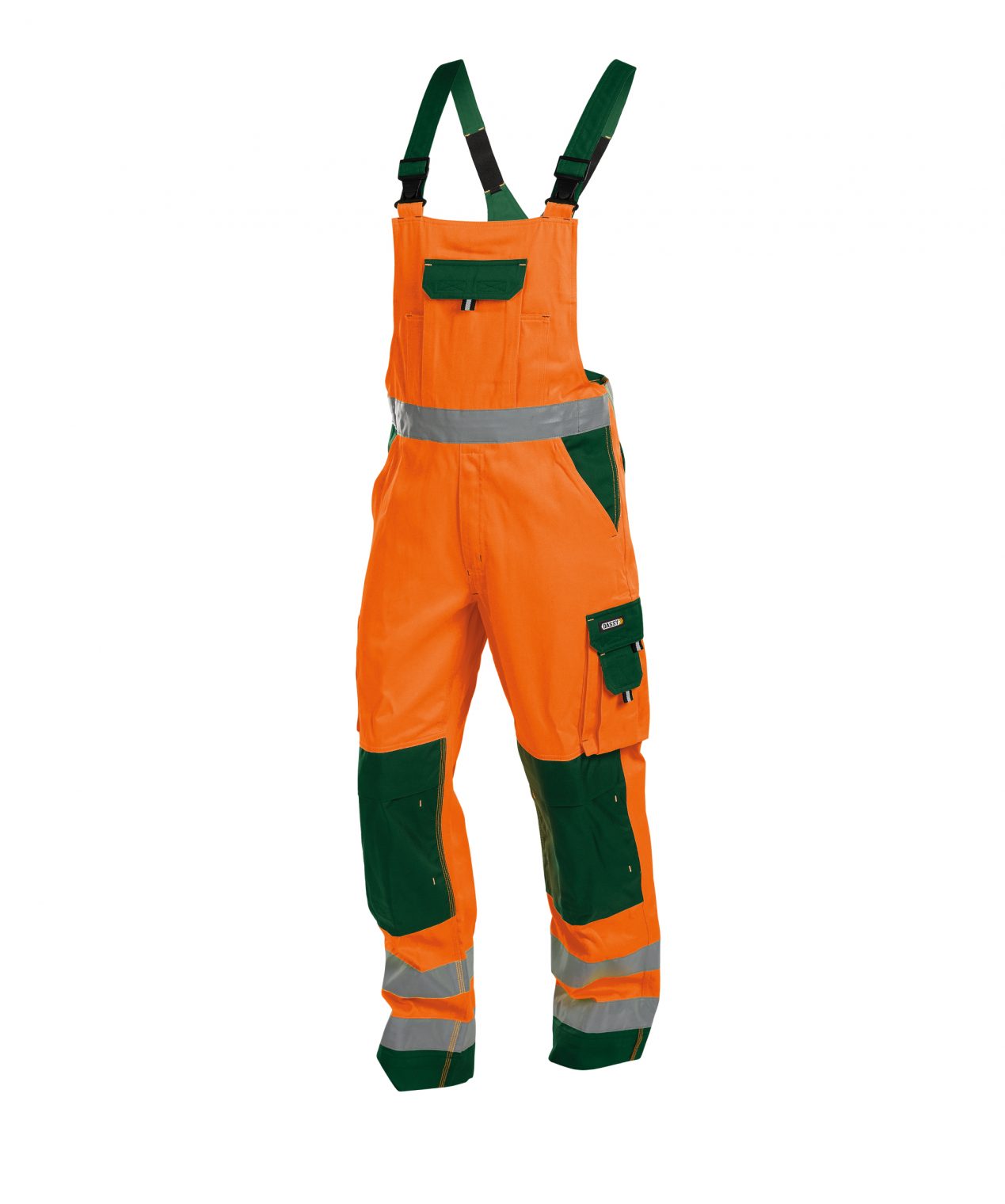 toulouse high visibility brace overall with knee pockets fluo orange bottle green front