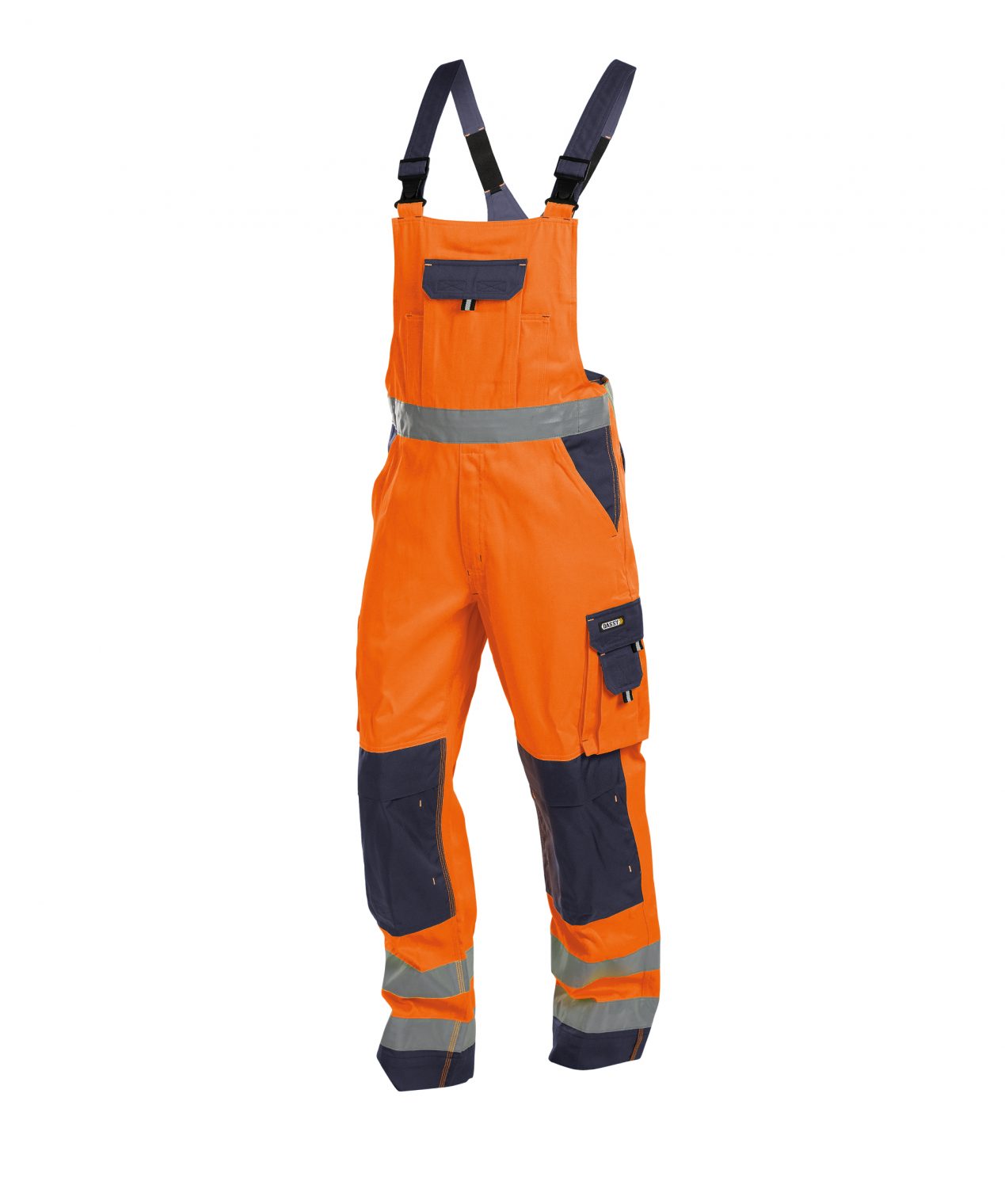 toulouse high visibility brace overall with knee pockets fluo orange navy front