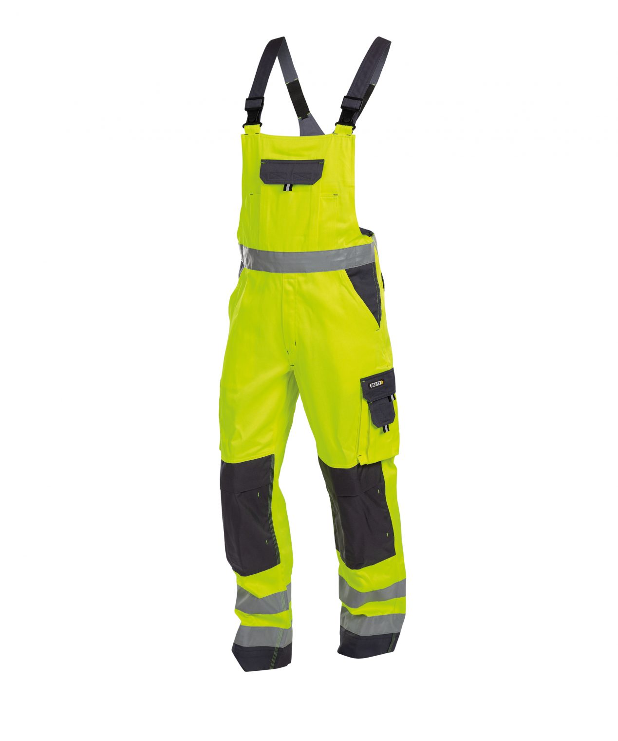 toulouse high visibility brace overall with knee pockets fluo yellow cement grey front
